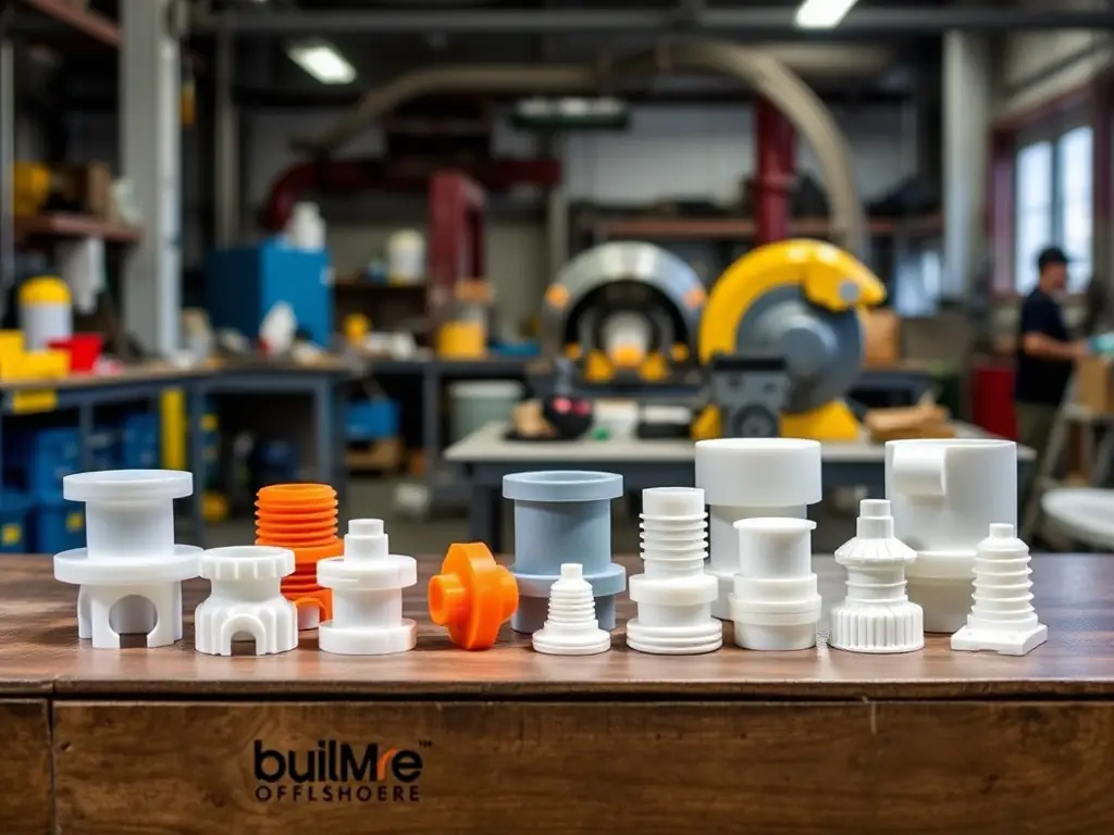 A variety of custom-designed plastic components, demonstrating BuildMore Offshore's ability to create tailored plastic solutions for specific industry needs.