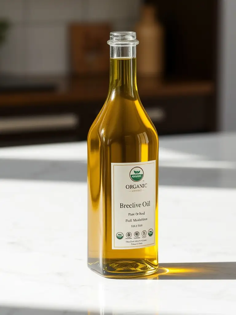 A close-up shot of a bottle of high-quality, golden-colored olive oil with a label indicating it's a product of Cyprus, placed on a rustic wooden table with olives and herbs scattered around it.