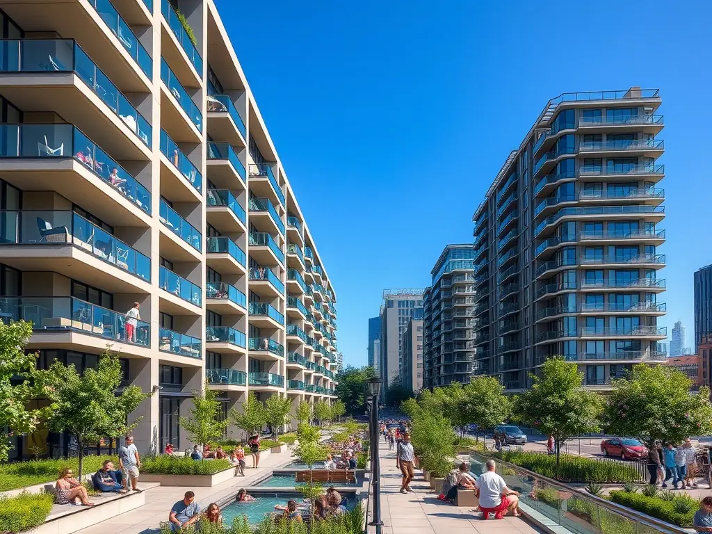 A modern apartment complex in a vibrant city in Cyprus, showcasing the urban living options available through BuildMore Offshore. The image should be bright and inviting, emphasizing the convenience and style of apartment living.