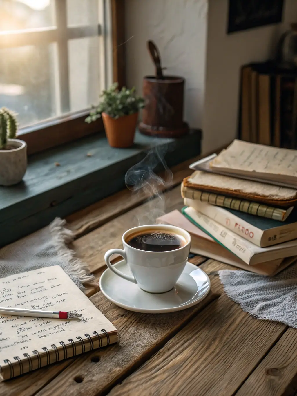 A steaming cup of gourmet coffee with coffee beans and a grinder in the background, creating a warm and inviting atmosphere.