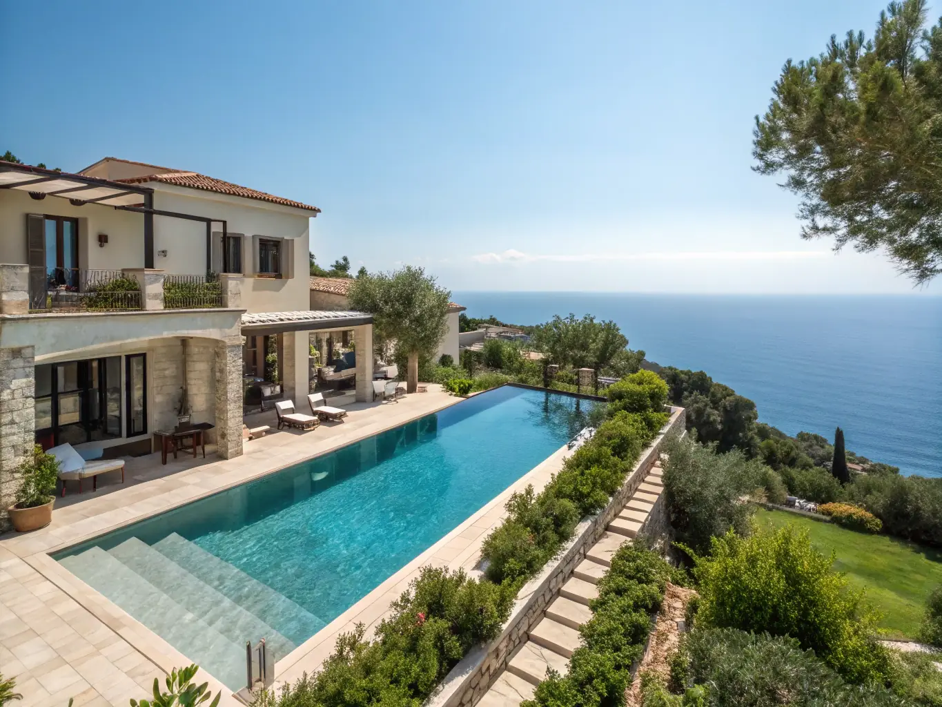 A luxurious villa with a private pool overlooking the Mediterranean Sea in Cyprus.