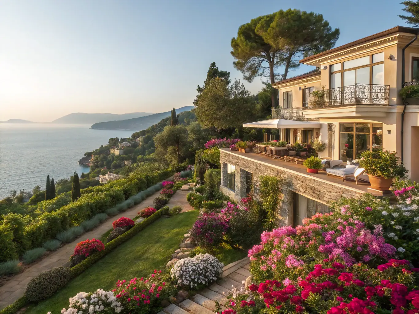 A luxurious villa with a private pool overlooking the Mediterranean Sea in Cyprus, representing the high-end properties offered by BuildMore Offshore. The image should convey a sense of luxury, relaxation, and exclusivity.